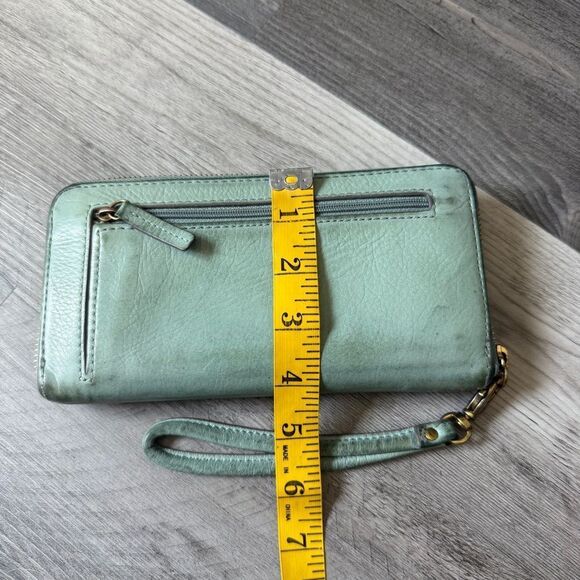 FOSSIL Leather Zip Around Wristlet Wallet Aqua Green Used - Picture 9 of 9